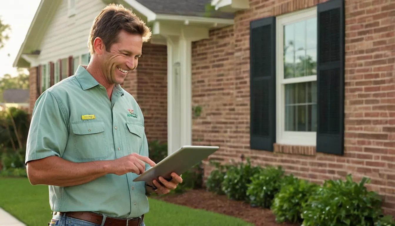 A friendly pest control provider talking with a homeowner at the front door of a brick ranch home in Hoover